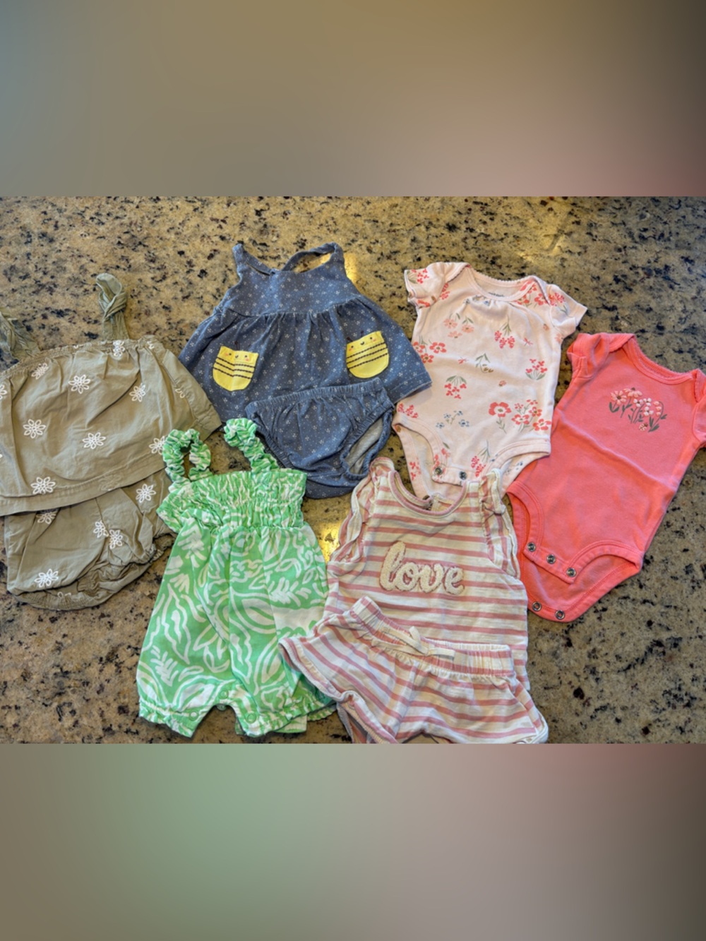 Mixed newborn Baby Girl Romper & Dress Lot in Pink, Green, Blue, Tan- summer